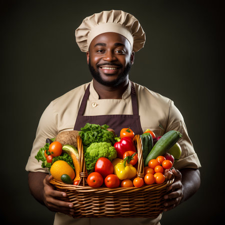 African male chef holding a basket full of fresh vegetables on a dark backgroundの素材
