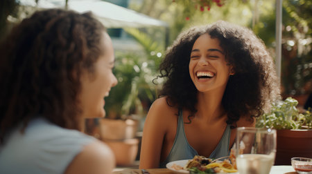 Beautiful young mixed race woman laughing and talking with her friend while having lunch in a cafeの素材