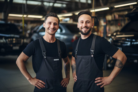 Two smiling auto mechanics standing with crossed arms in auto repair shop.の素材