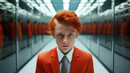 Portrait of a young red-haired man in an orange suit.の素材