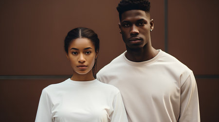 Fashion portrait of young african american man and woman in white clothes.の素材