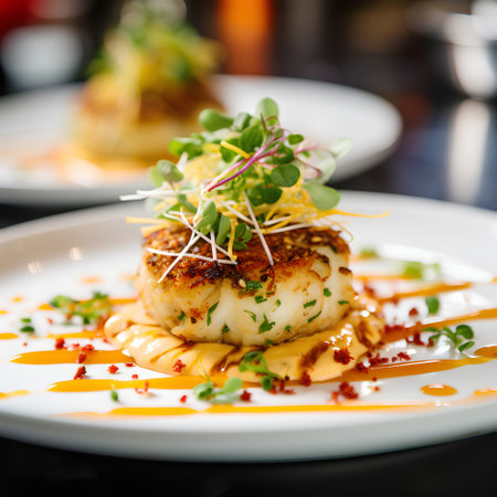 Grilled scallops with mango sauce and microgreens.の素材