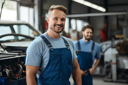smiling auto mechanic in uniform standing near car in auto repair shopの素材