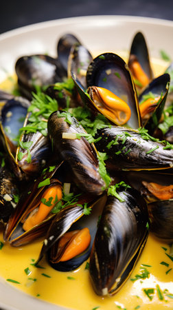 Mussels with cream sauce and parsley. Selective focus.の素材