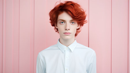 Portrait of a young red-haired man in a white shirt on a pink backgroundの素材