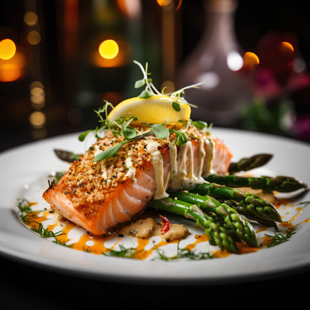 Grilled salmon fillet with asparagus, lemon and sauceの素材