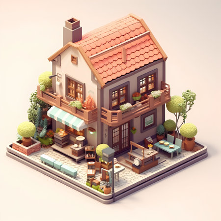 3D isometric illustration of a small cozy house in the cityの素材