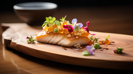 grilled fish with sauce and flowers on a wooden plate in a restaurantの素材