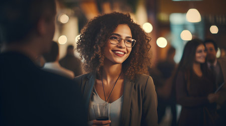Beautiful young African American woman with curly hair in eyeglasses is talking to her colleagues and smiling while standing in cafeの素材