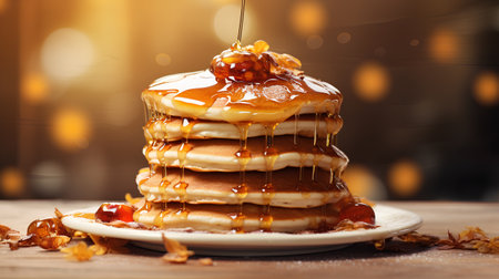 Pancakes with caramel sauce on a wooden background. Toned.の素材
