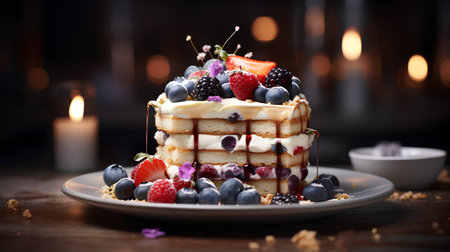 Pancakes with berries on a wooden background. Selective focus.の素材