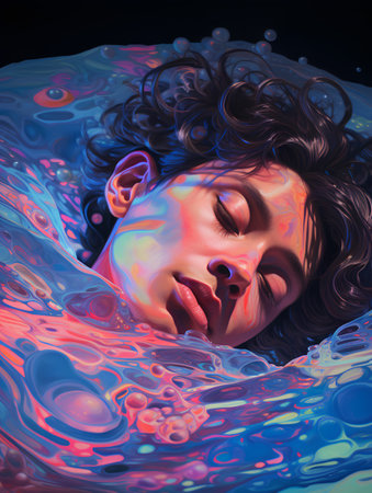 Beautiful young woman lying in the water with her eyes closed.の素材