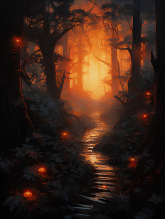Mystical dark forest with fog. Halloween background. 3D renderingの素材