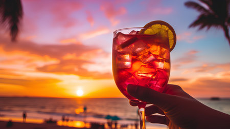 Cocktail in hand on the background of the sea at sunset.の素材