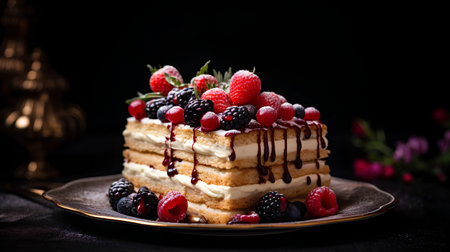 Piece of cake with cream and berries on a black background.の素材