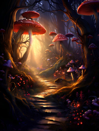 Fantasy landscape with path and fly agaric. 3D renderingの素材
