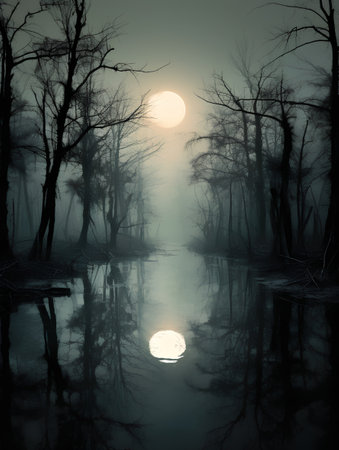 Mysterious landscape with foggy forest and a full moon.の素材