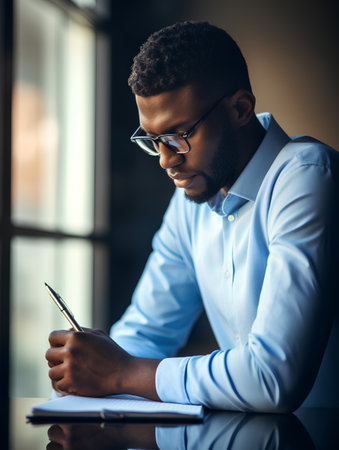 business, education and office concept - young african american businessman writing in notebook at officeの素材