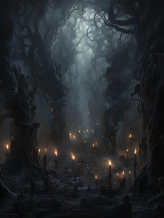 Creepy spooky dark forest with candles. Halloween illustration.の素材