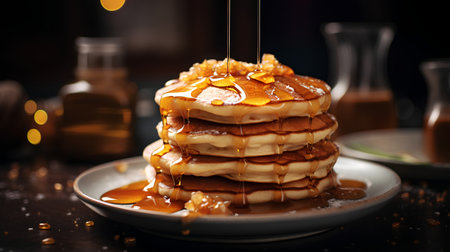 Pancakes with maple syrup and caramel on a dark background.の素材