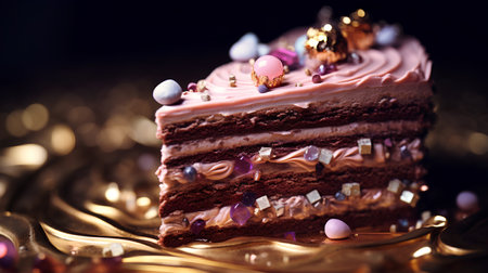 Chocolate cake with pink creamrated with pearls and beadsの素材