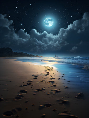 Fantasy landscape with sea, sand, moon and starry skyの素材