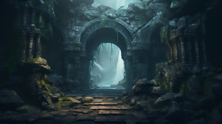 Fantasy landscape with ancient ruins and waterfalls. 3d renderingの素材