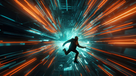 Silhouette of a man jumping in a futuristic space tunnel.の素材