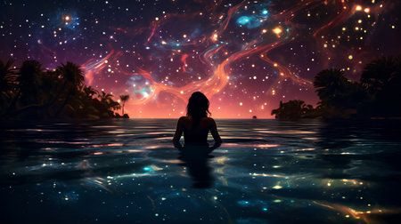 Beautiful woman in the sea at night. 3D illustration.の素材