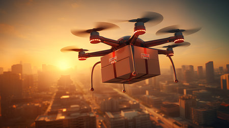 Drone with a package flying over the city. 3d renderingの素材