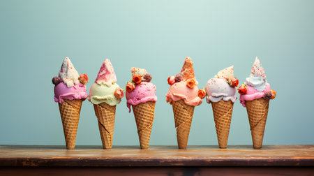 Ice cream cones with different flavors on wooden table and blue background.の素材
