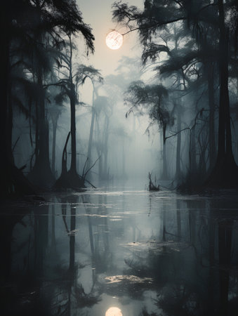 Foggy swamp landscape with foggy trees and a fisherman.の素材