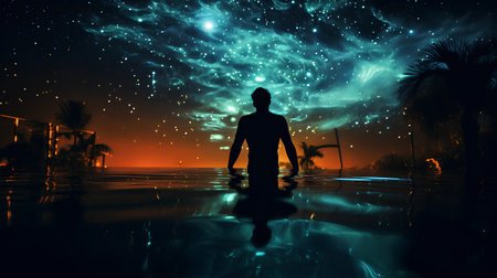Surrealism. A man stands in the water of the sea and looks at the starry sky.の素材