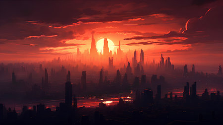Futuristic city at sunset. 3d render. Futuristic city.の素材