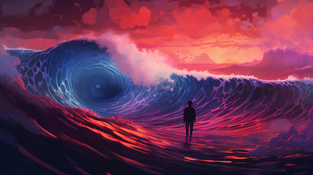 Surfer in ocean waves. Vector illustration of a man on the background of the sea.の素材