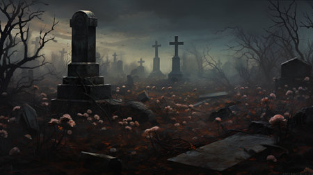 Halloween background with graveyard and graves, 3d render illustration.の素材