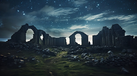 Ruins of an ancient castle at night. 3D rendering.の素材