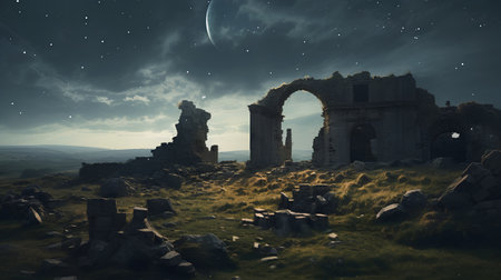 Ruins of ancient castle. Fantasy landscape. 3D rendering.の素材