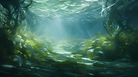 Underwater landscape with stream and forest. 3d render illustration.の素材