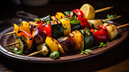 Grilled vegetables on skewers on a wooden background. Selective focus.の素材