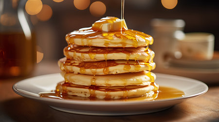 Pancakes with honey on a plate on a wooden background.の素材