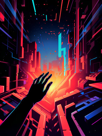 Futuristic night city with neon lights and human hand. Vector illustration.の素材