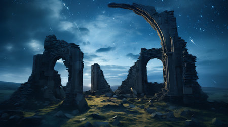 Mysterious ruins at night. Fantasy landscape. 3D renderingの素材