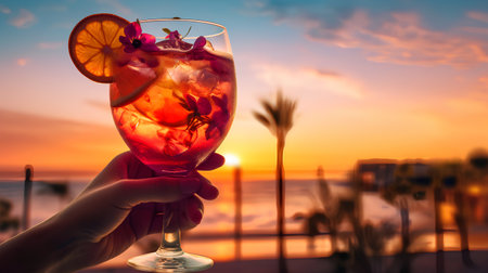 Cocktail in hand on the background of palm trees and sunsetの素材