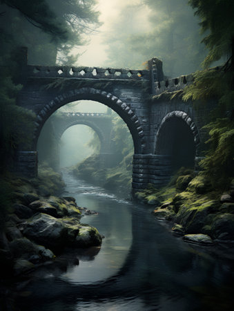 Old stone bridge over the river in the misty forest. 3d renderingの素材