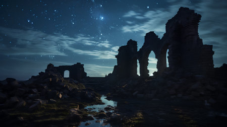 Ruins of an ancient castle at night. 3D rendering.の素材