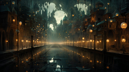 Mysterious halloween city with gothic buildings and lanternsの素材