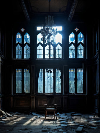 The interior of an old church with stained glass windows and a benchの素材