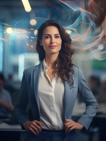 Portrait of young businesswoman in office. Blurred background.の素材