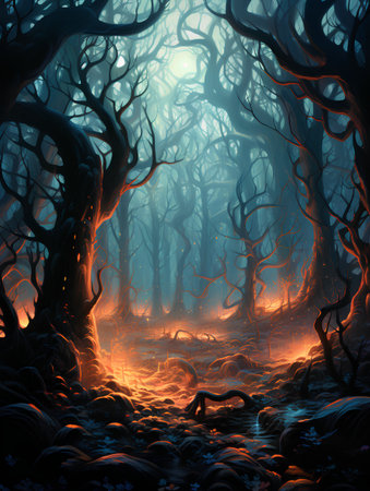 Fantasy landscape with spooky forest. Halloween background. 3D renderingの素材